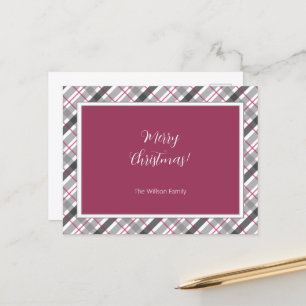 Tartan Balmoral Black Grey Burgundy Monogrammed Holiday Postcard