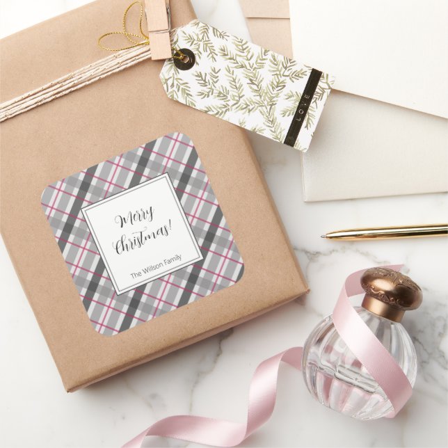 Tartan Balmoral Black Grey Burgundy Monogrammed Square Sticker (Gifting)