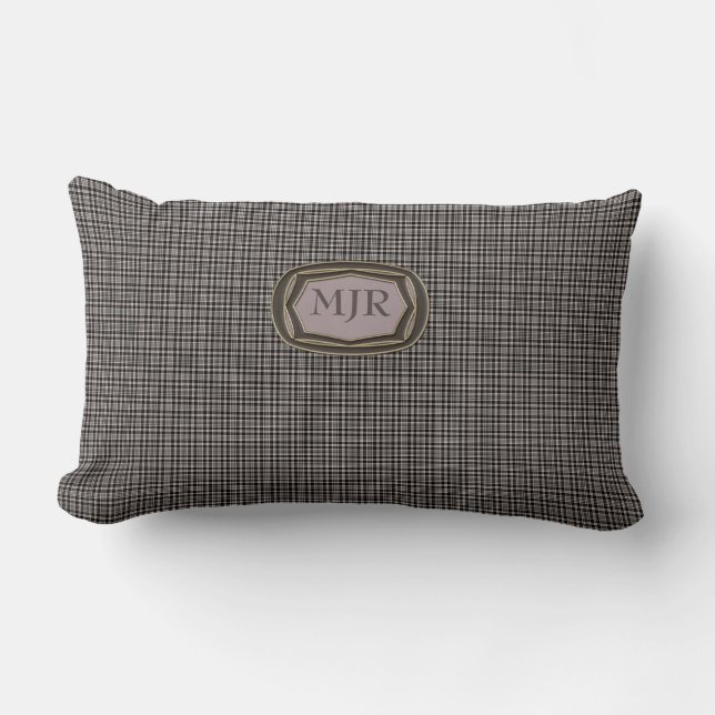 Tartan Blacks / Tans Scottish-style Plaid monogram Lumbar Cushion (Front)