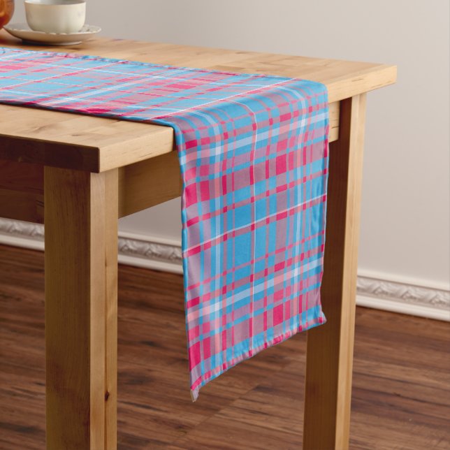 Tartan blue and red short table runner (In Situ)