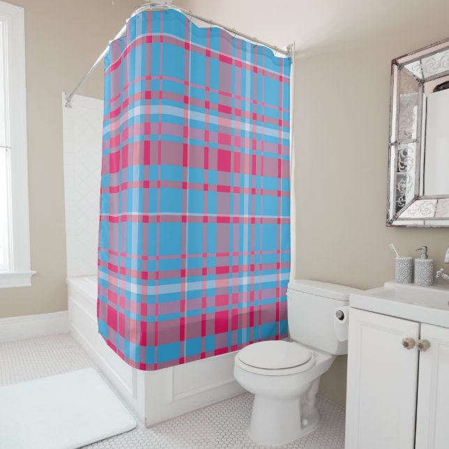 Tartan blue and red shower curtain (In Situ)