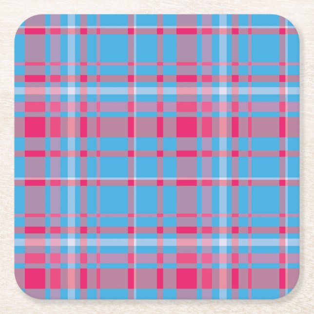 Tartan blue and red square paper coaster (Front)