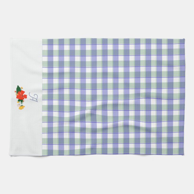 Tartan blue green wildflower pattern initial tea towel (Horizontal)