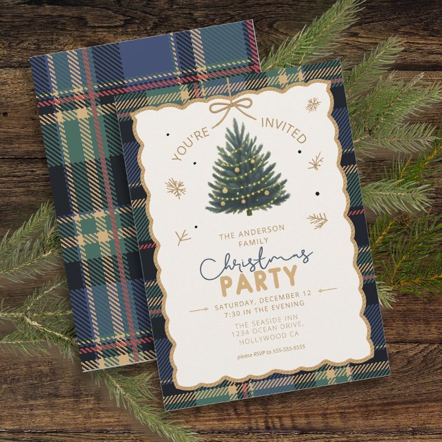 Tartan Border Christmas Party Blue ID1141B Holiday Card (Creator Uploaded)