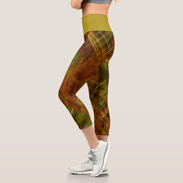 Tartan  Brown Green Check Mustard Waistband Capri Leggings (Left)