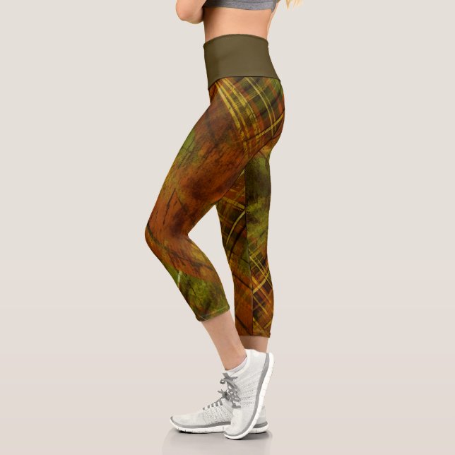 Tartan  Brown Green Check Olive Waistband Capri Leggings (Left)