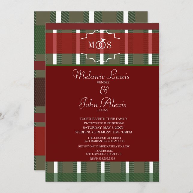 Tartan Christmas Plaid Winter Burgundy Wedding  Invitation (Front/Back)
