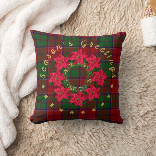 Tartan Christmas Season's Greeting Poinsettia  Cushion (Blanket)