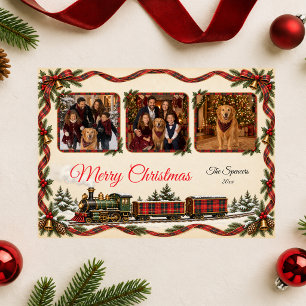 Tartan Christmas Train Family Photo Collage Holiday Card