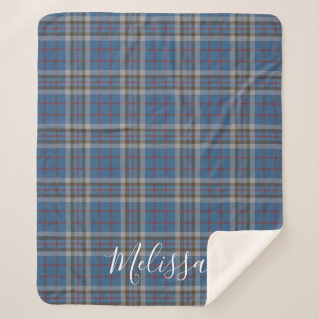 Tartan Clan Thompson Plaid Blue Grey Check Custom Sherpa Blanket (Front)