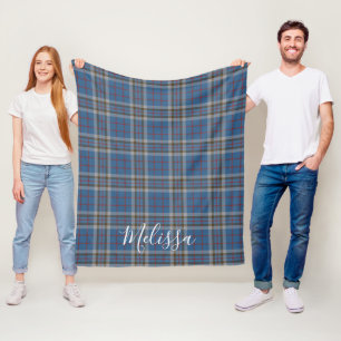 Tartan Clan Thompson Plaid Blue Grey Check Fleece Blanket