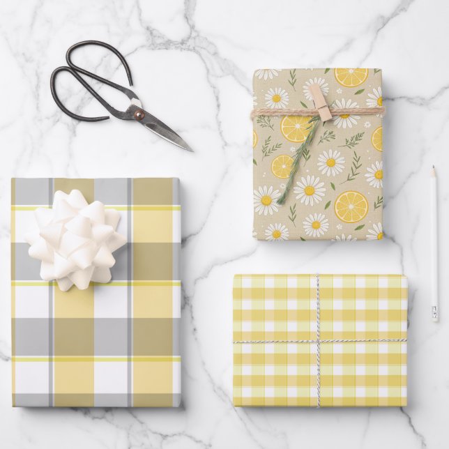 Tartan daisy lemon yellow beige set wrapping paper (Front)