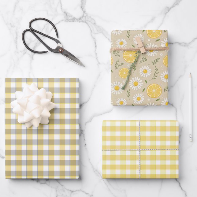 Tartan daisy lemon yellow beige set wrapping paper (Front)