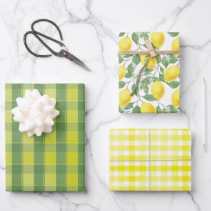 Tartan daisy lemon yellow green set wrapping paper