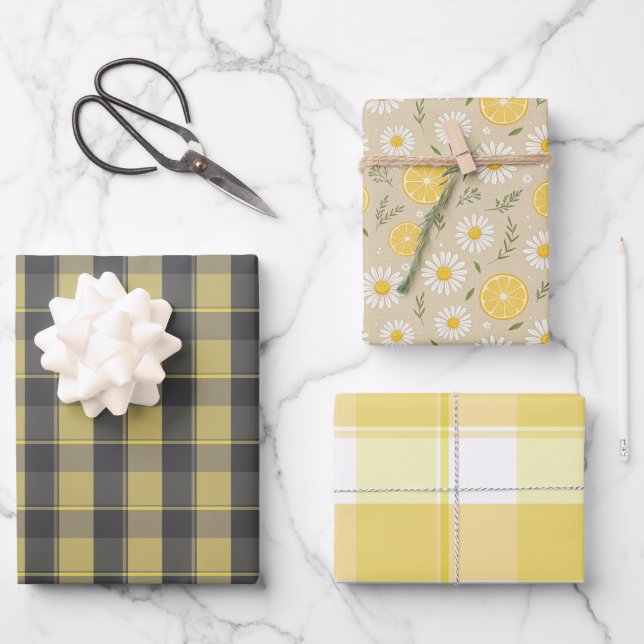 Tartan daisy lemon yellow grey set wrapping paper (Front)