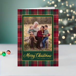 Tartan Design Merry Christmas Family Photo Foil Holiday Card
