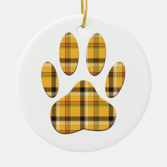 Tartan Dog Paw Print Ceramic Ornament (Front)