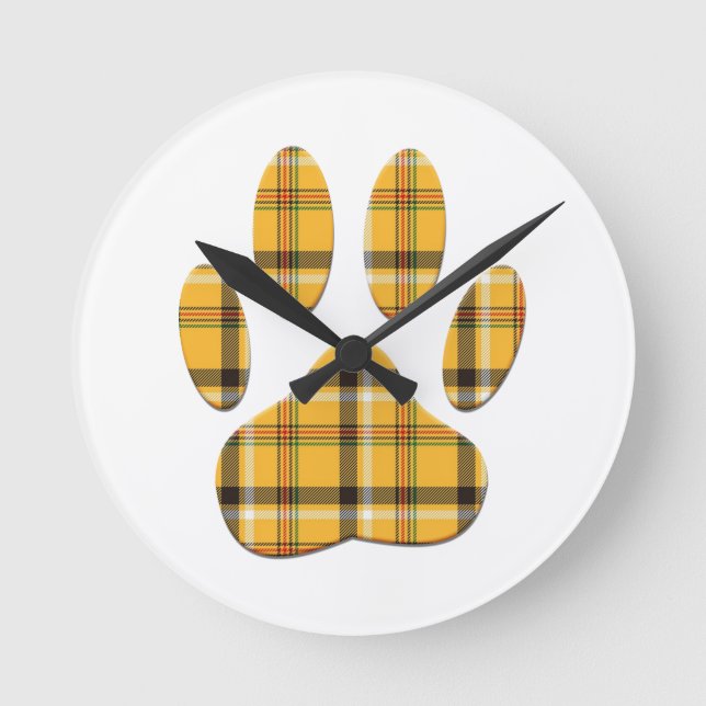 Tartan Dog Paw Print Round Clock (Front)