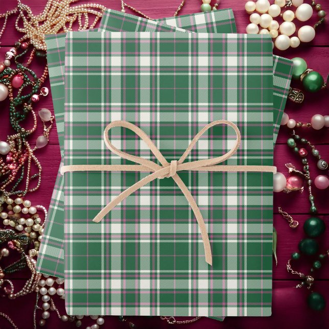Tartan - Emerald Green-Ivory-Rose Pink Wrapping Paper Sheet (Tartan - Emerald Green-Ivory-Rose Pink Wrapping Paper Sheets by Leapfroglisics Shop)