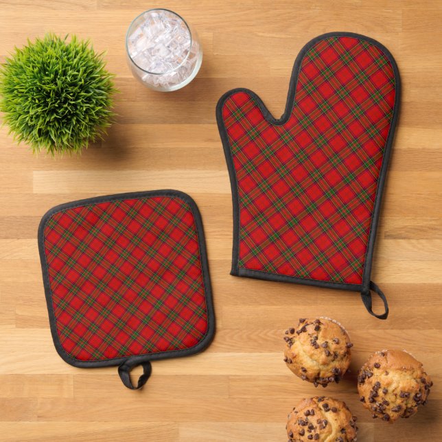 Tartan Fabric Pattern Oven Mitt & Pot Holder Set (Top Down)