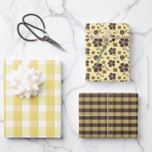 Tartan flower yellow brown set wrapping paper