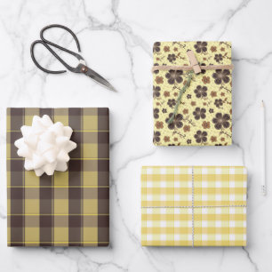 Tartan flower yellow brown set wrapping paper