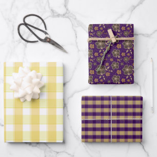 Tartan flower yellow purple set wrapping paper
