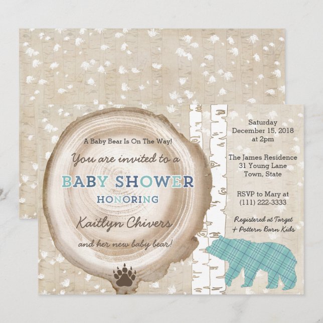 Tartan Forest with bear Winter Baby Shower for Boy Invitation (Front/Back)