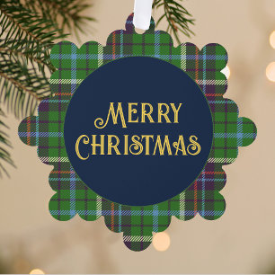 Tartan Frame Merry Christmas Navy & Gold Paper Tree Decoration Card