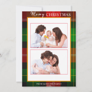 Tartan Gold Frame Merry Christmas 2 Photo Holiday Card
