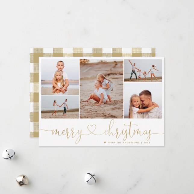Tartan Gold Merry Christmas Script 5 Photo Collage Holiday Card (Front/Back In Situ)