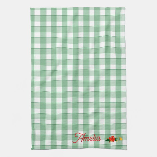 Tartan green simple wildflower pattern  name tea towel (Vertical)