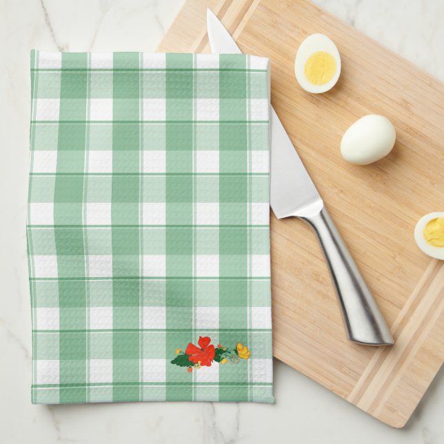 Tartan green simple wildflower pattern  tea towel (Quarter Fold)