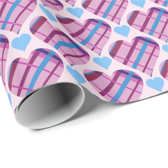 Tartan Hearts Pattern Pink and Blue Valentine Wrapping Paper (Roll Corner)