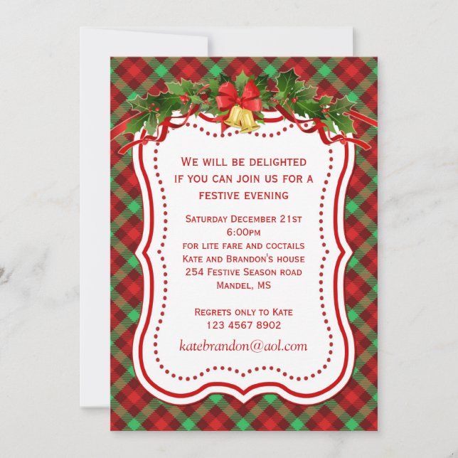 Tartan holly bells Christmas party Invitation (Front)