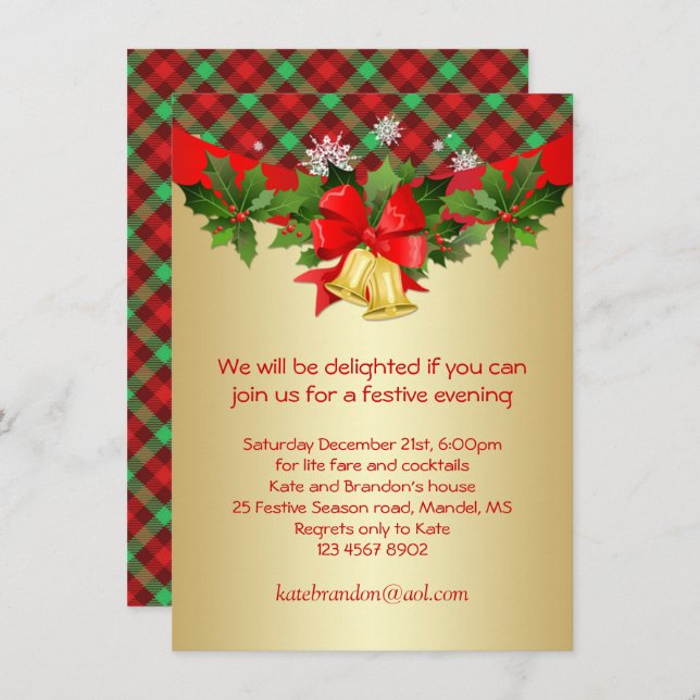 Tartan holly bells Christmas party Invitation (Front/Back)