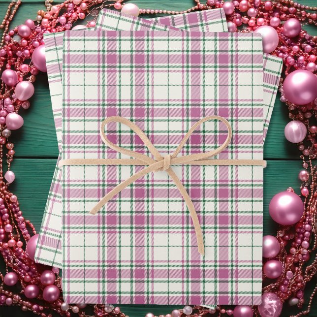 Tartan - Ivory-Rose Pink-Emerald Green Wrapping Paper Sheet (Tartan - Ivory-Rose Pink-Emerald Green Wrapping Paper Sheets by Leapfroglisics Shop)