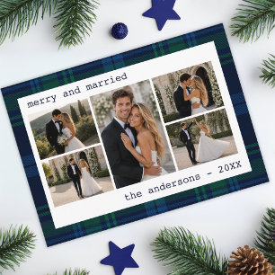 Tartan Merry and Married 5 Photo Collage Navy Blue Holiday Card
