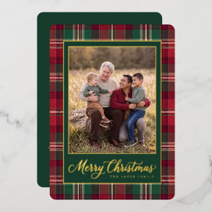 Tartan Merry Christmas Family Photo Foil Holiday Card