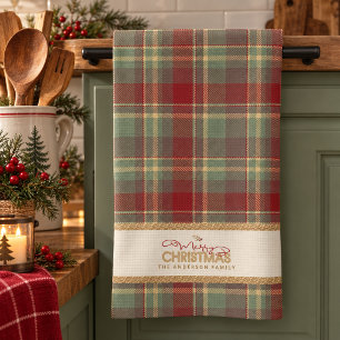Tartan Merry Christmas Gold Frame ID1141A Tea Towel