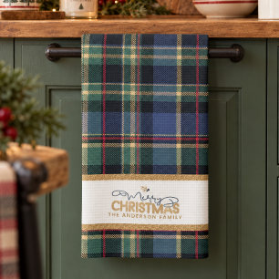 Tartan Merry Christmas Gold Frame ID1141B Tea Towel