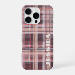 Tartan Monogram Burgundy Red Blush Pink Stripes iPhone 16 Pro Case