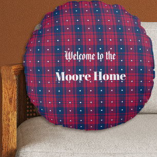 Tartan - Patriotic - Red Blue White Stars Round Cushion