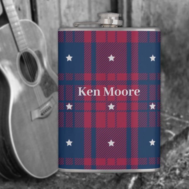 Tartan - Patriotic - Red Blue White Stars Vinyl  Hip Flask (Creator Uploaded)