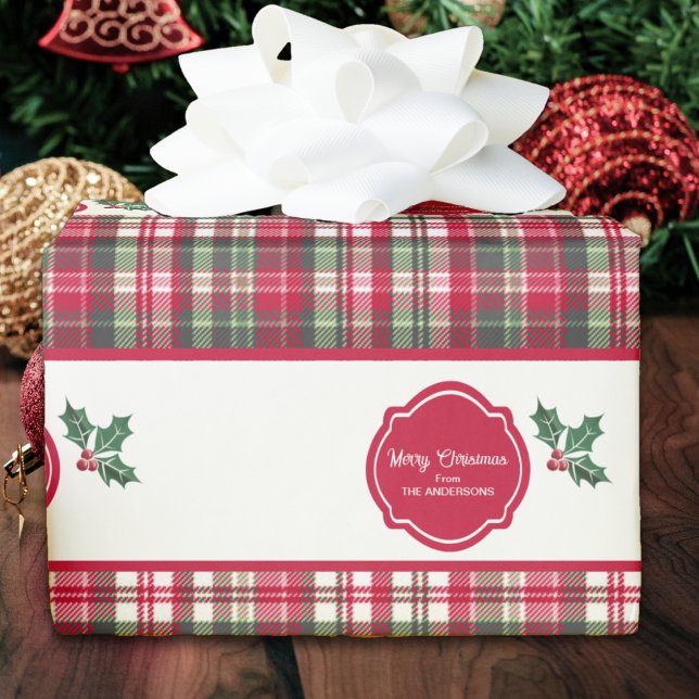 Tartan pattern and holly personalised christmas  wrapping paper (Creator Uploaded)