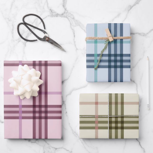 Tartan Pattern Blue Pink Green Christmas Gift Wrapping Paper Sheet (Front)