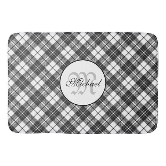 Tartan pattern Christmas black white Monogram Bath Mat (Front)
