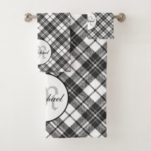 Tartan pattern Christmas black white Monogram Bath Towel Set