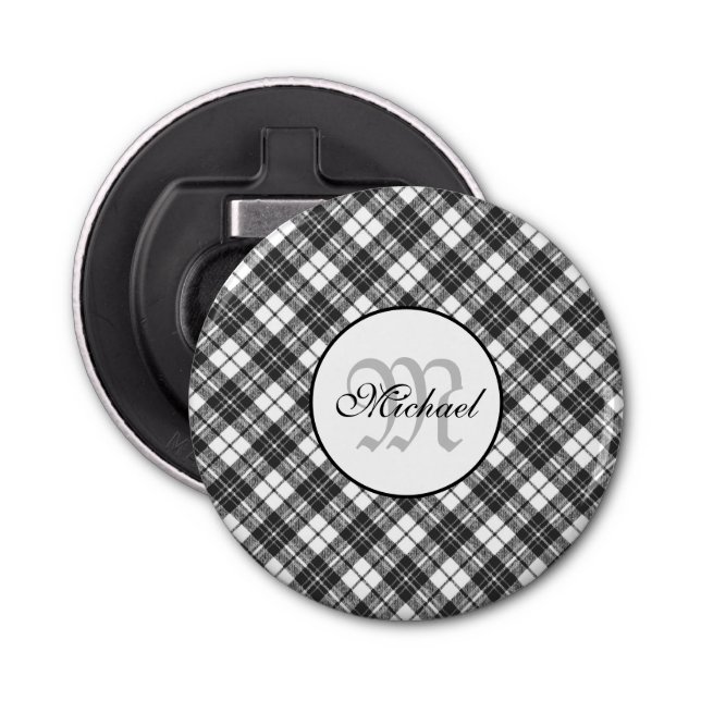 Tartan pattern Christmas black white Monogram Bottle Opener (Front)