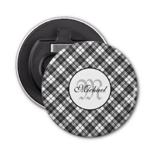 Tartan pattern Christmas black white Monogram Bottle Opener